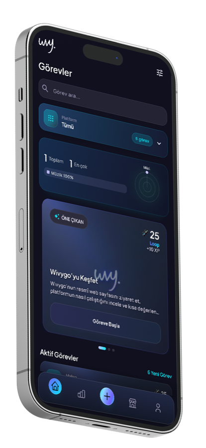 Wivygo Görevler ekranı: öne çıkan görev, kazanılacak Loop ve XP