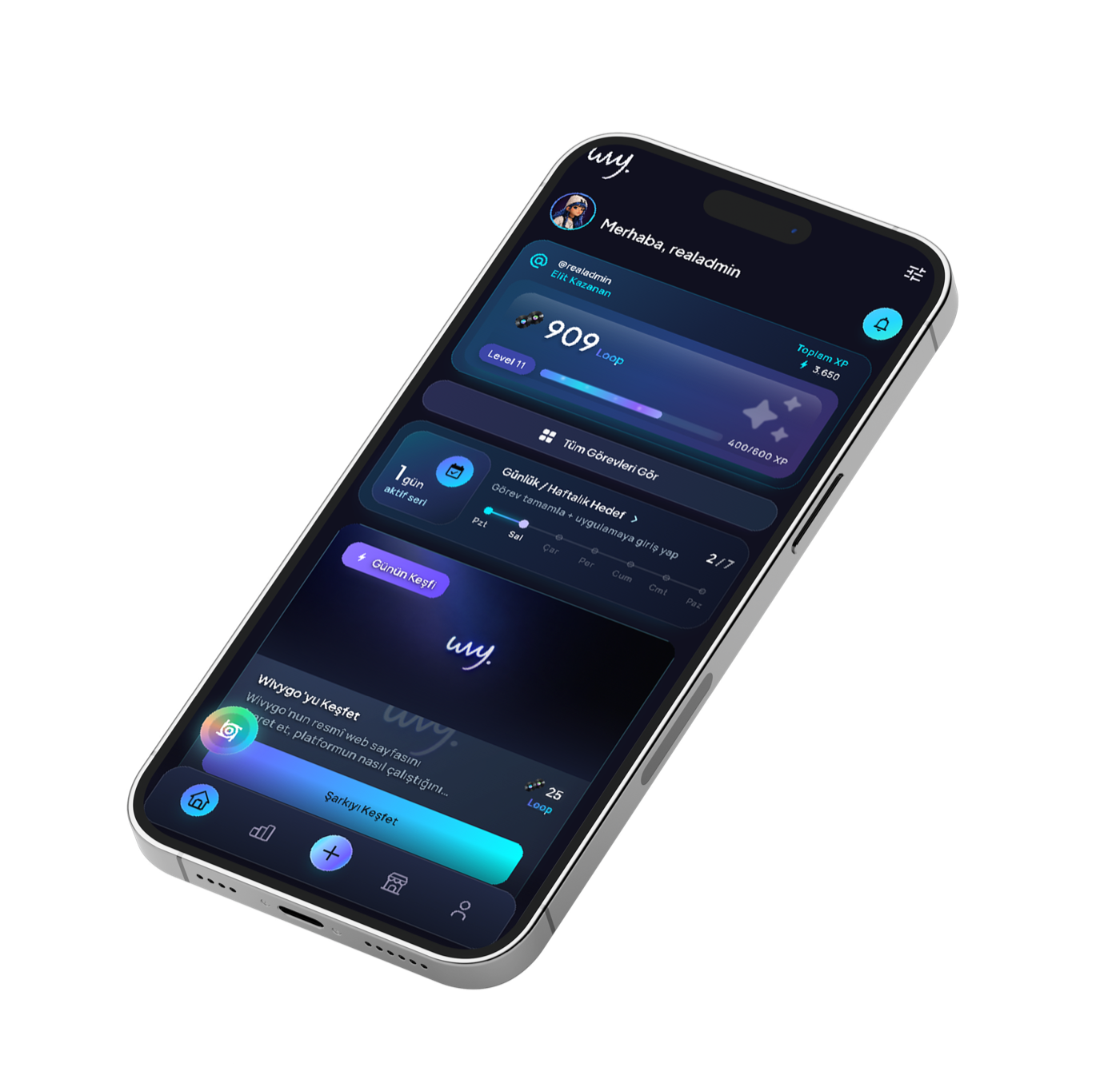 Wivygo ana ekranı: Loop bakiyesi, seviye, XP çubuğu ve günlük seri